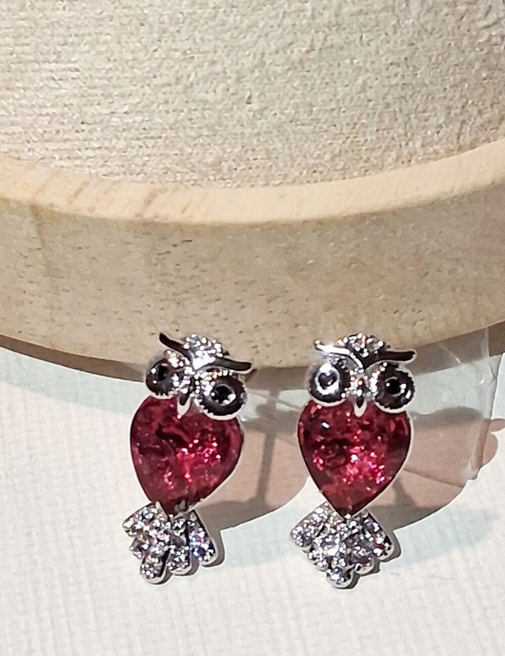 Silver Owl Stud Earrings with Red Hearts
